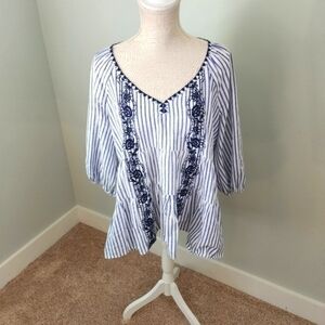 Melissa Paige Women’s Plunge V Neck Linen Baloon Sleeve Top Blouse Blue Size Med